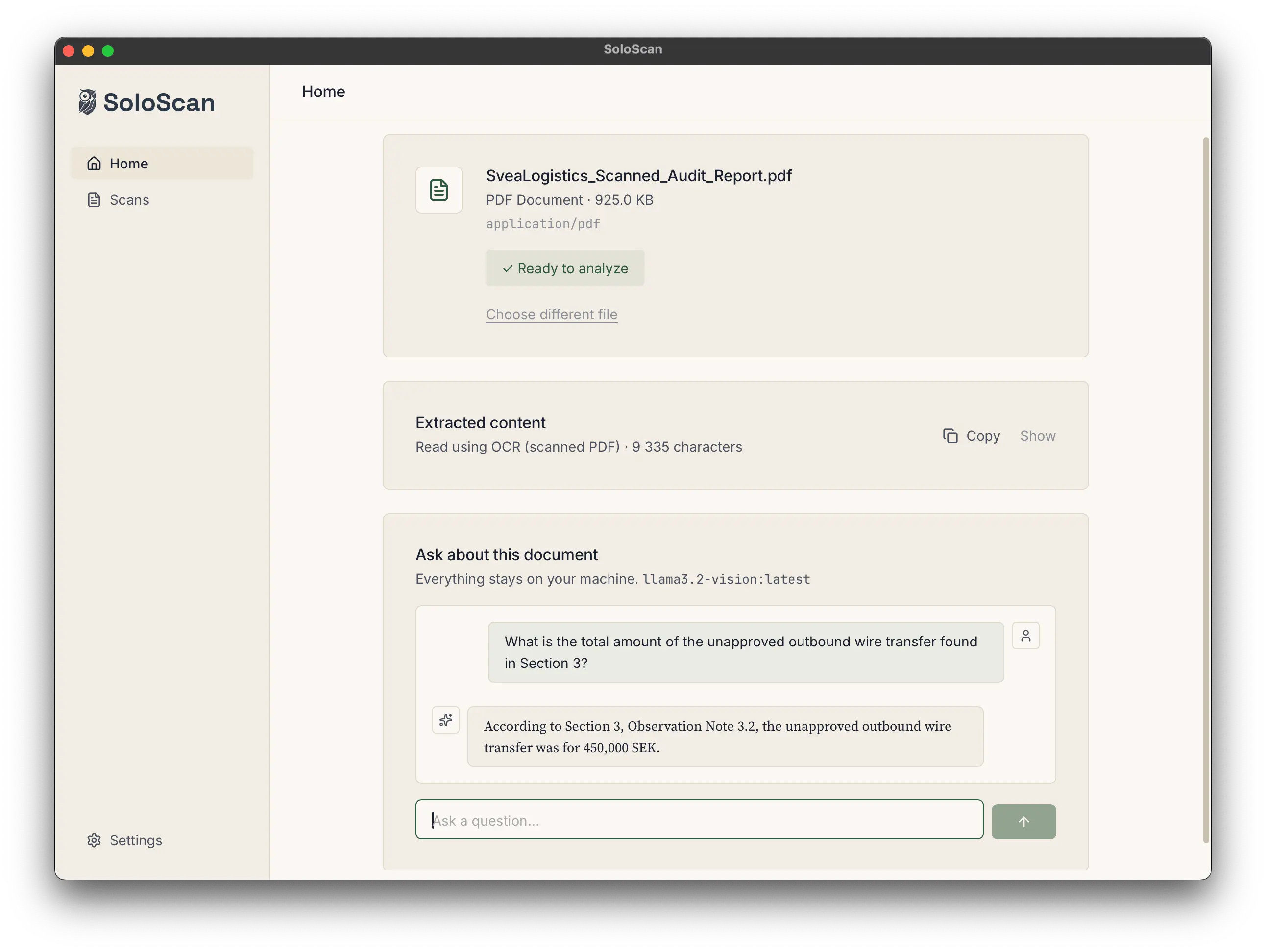SoloScan analyzing a commercial lease, showing the file card and an AI answer listing key obligations: rent, term, deposit, and termination terms.