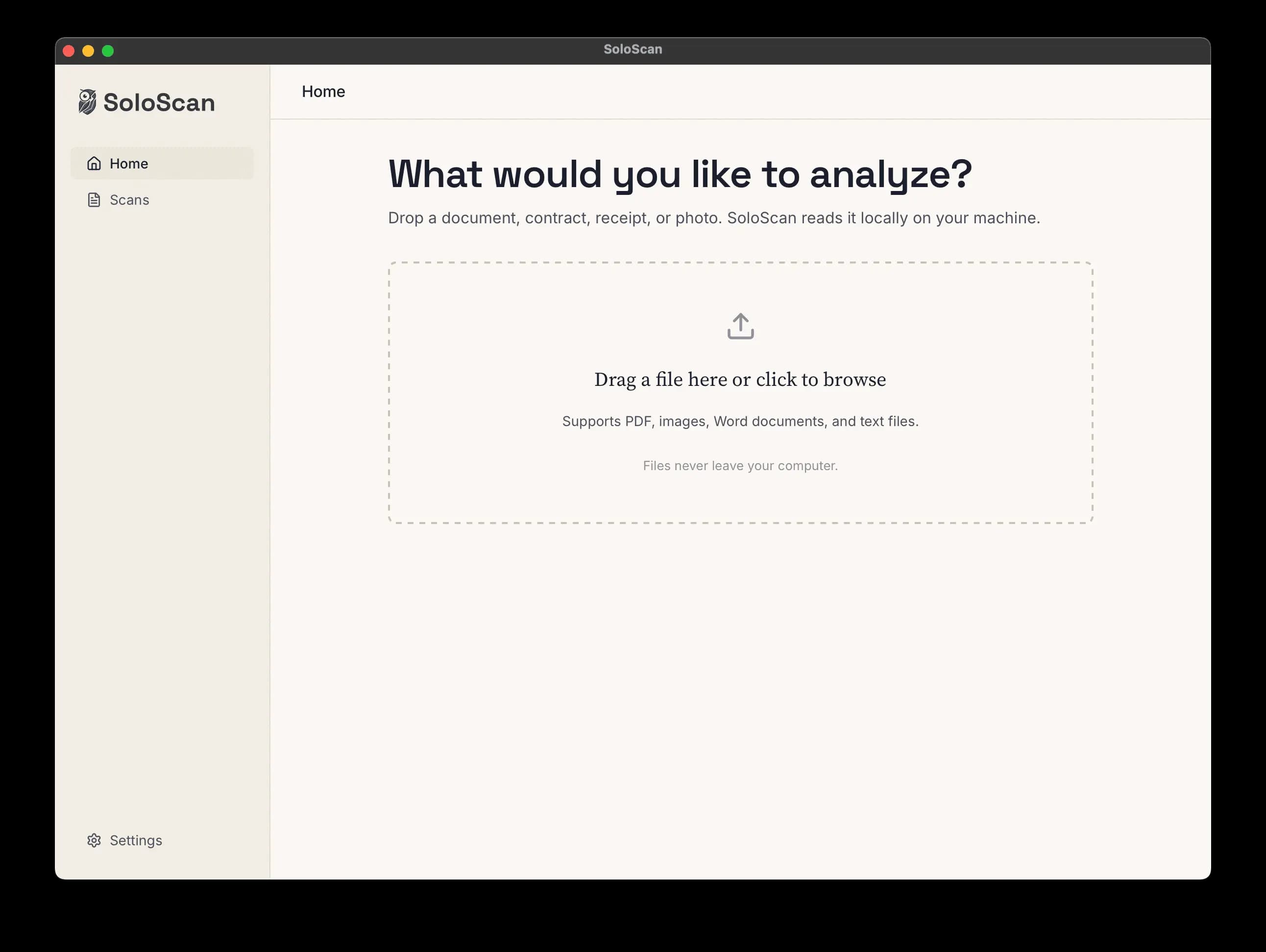 SoloScan home screen showing the drop zone, asking 'What would you like to analyze?'