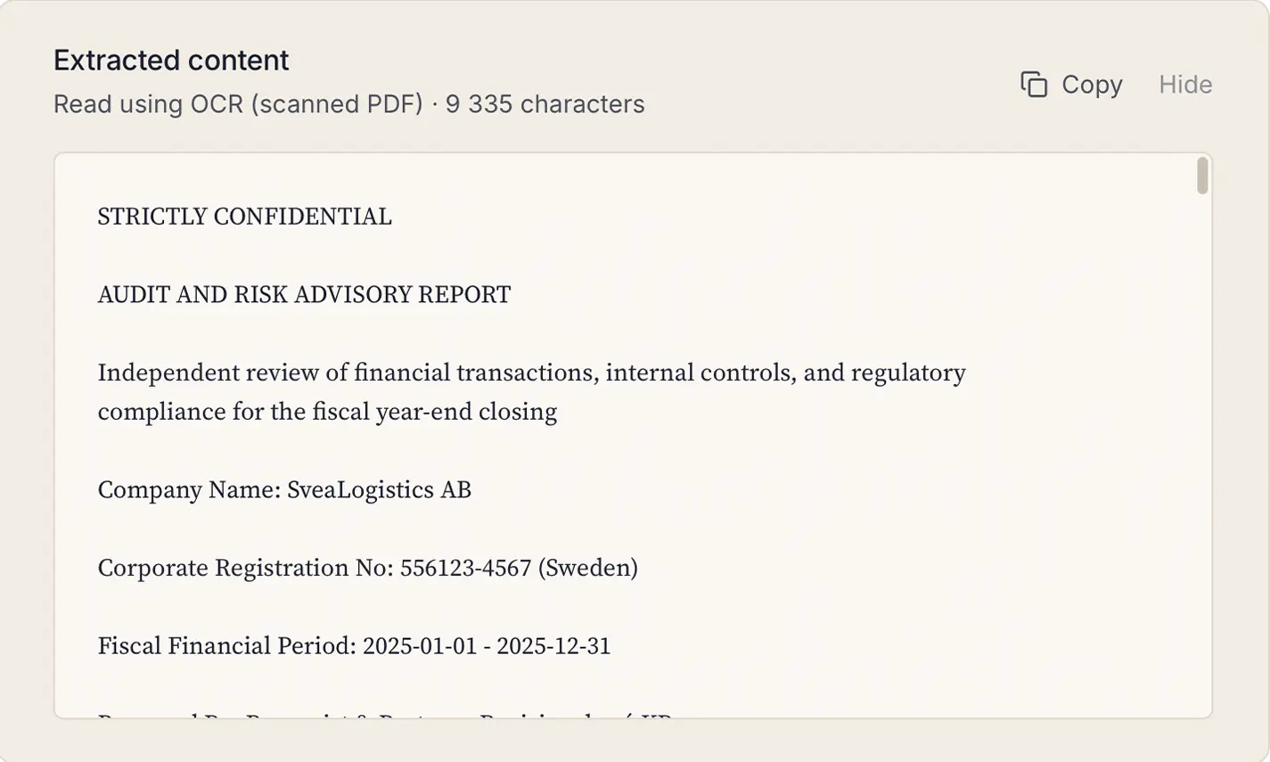 The Extracted content panel in SoloScan, showing a commercial lease parsed into clean text with the file name and read source clearly labeled.