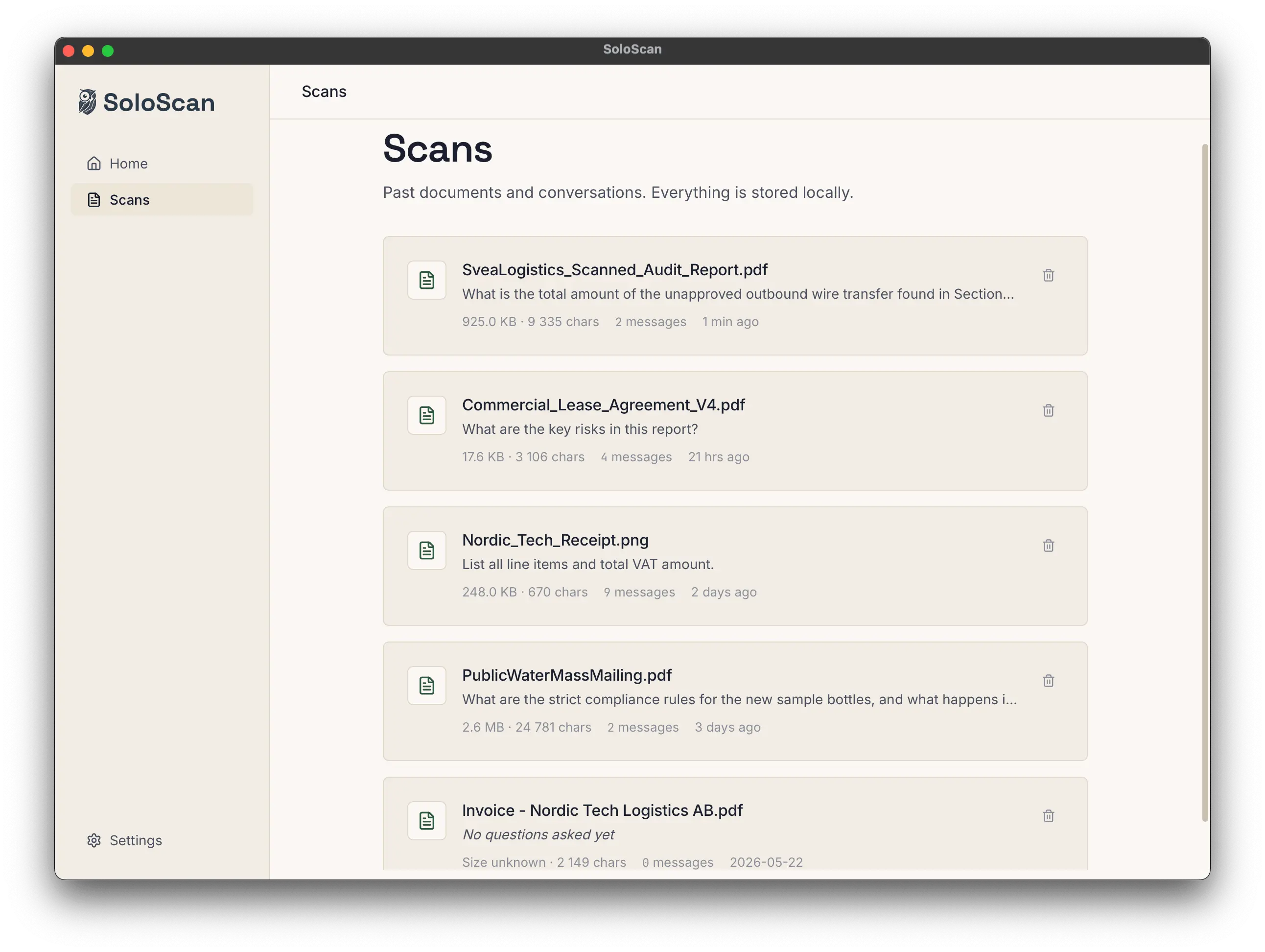 The Scans view in SoloScan, showing a list of past document conversations stored locally.